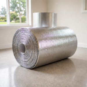 Aislante reflectivo ISO GAP WRAP instalado en techo y muros, mostrando su estructura multicapa de aluminio que reduce la transferencia de calor y mejora la eficiencia energética en construcciones residenciales e industriales